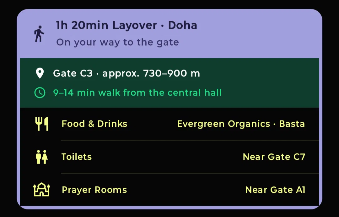 Distance and key services near the gate