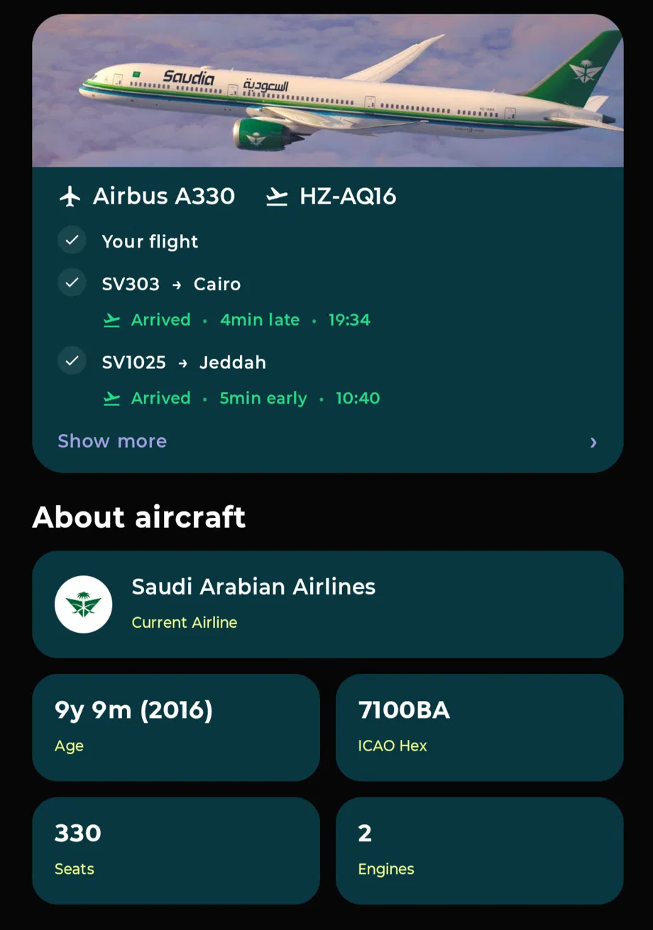 Aircraft details screen